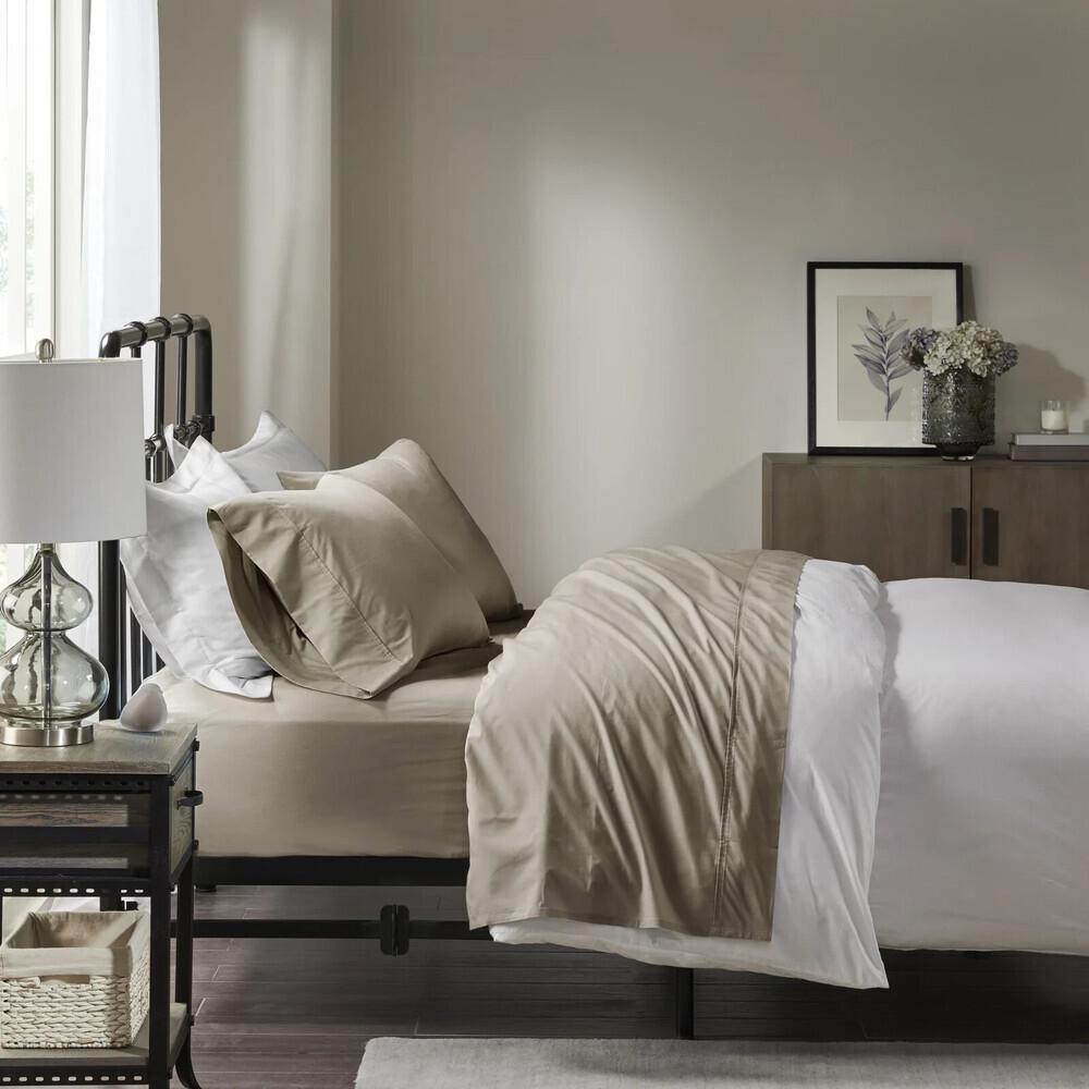 Madison Park Full Khaki Cotton Percale 200 Thread Count Relaxed Sheet Set BED47